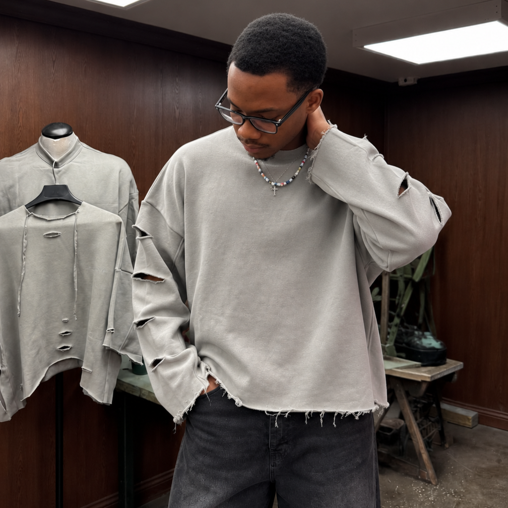 Ash Grey Distressed Oversized Sweatshirt