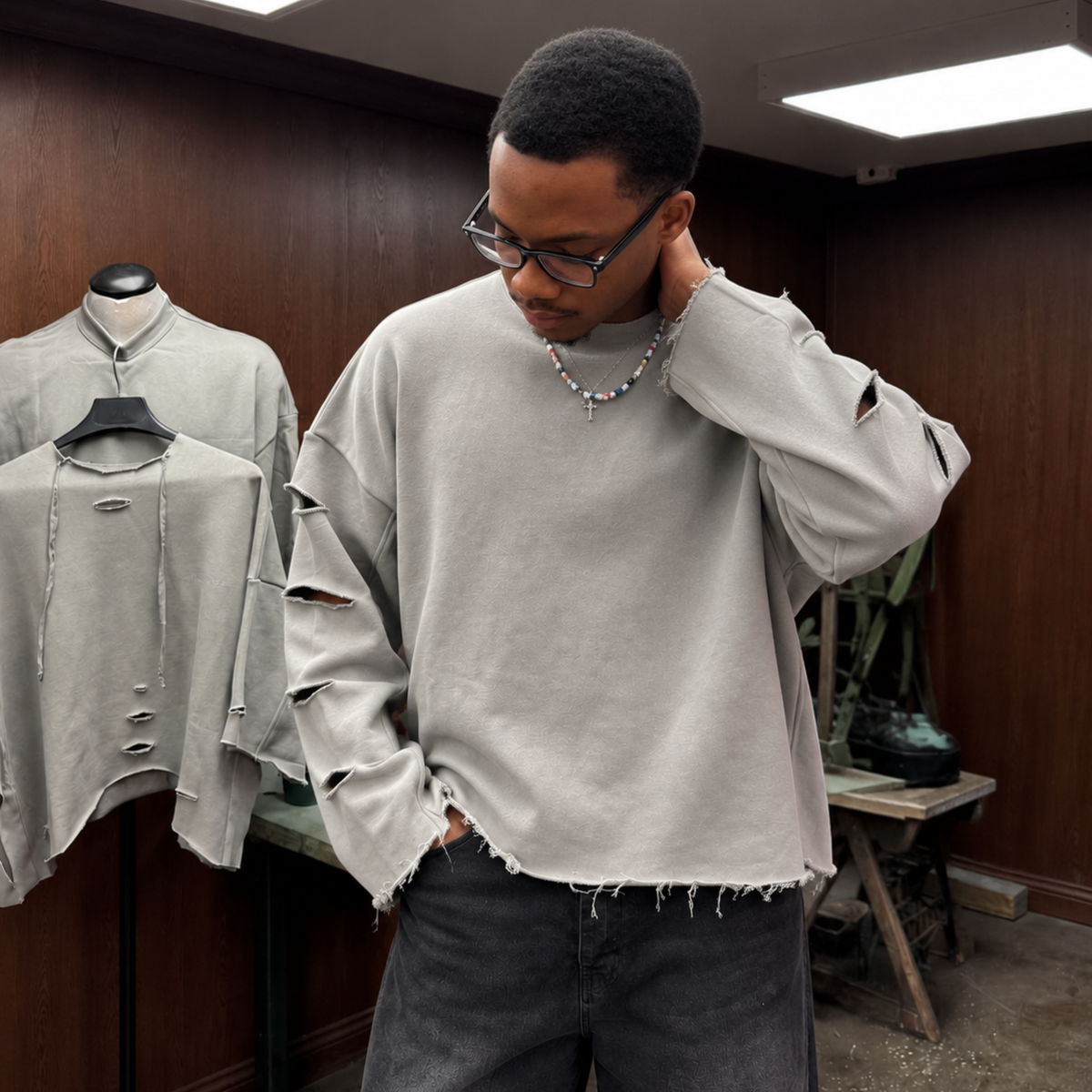 Ash Grey Distressed Oversized Sweatshirt